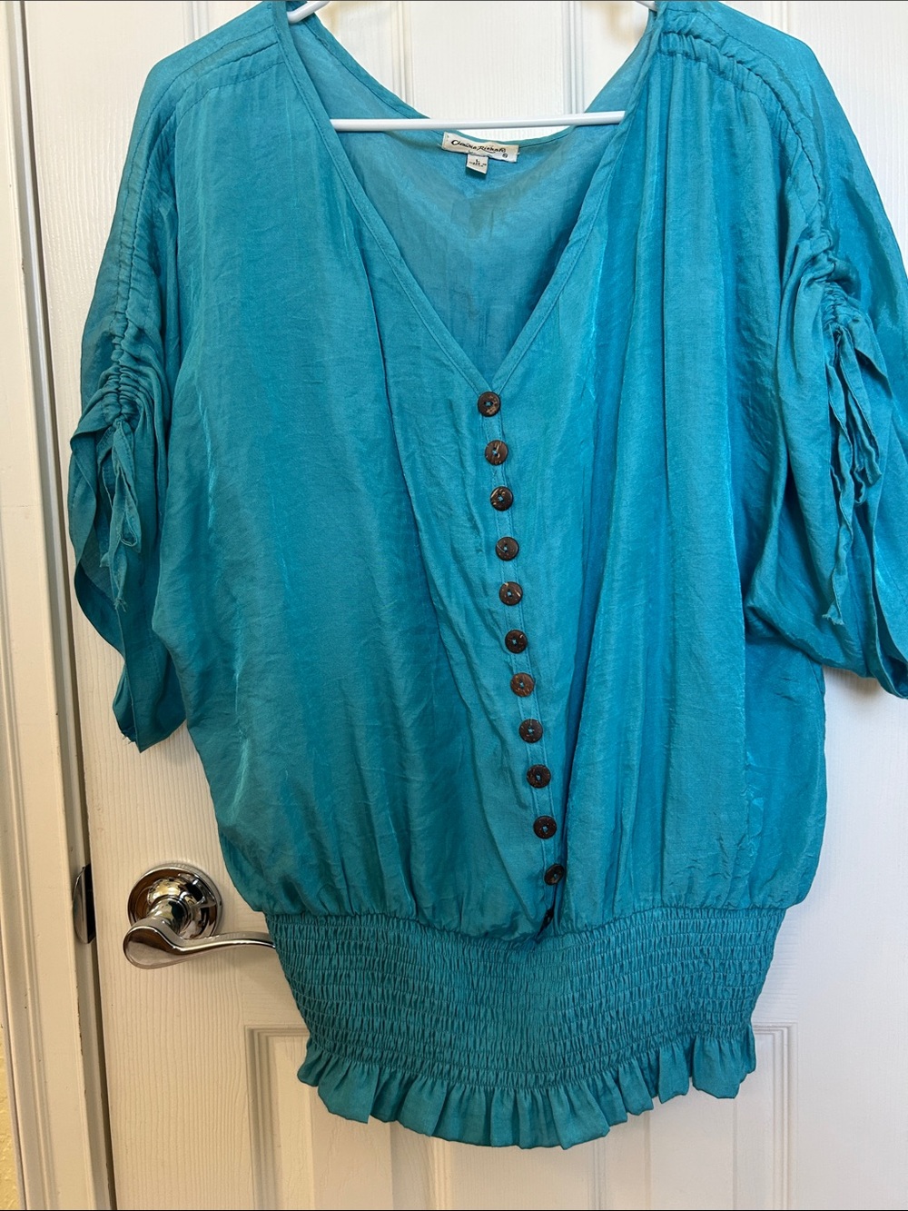 Claudia Richard Teal Button-Front V-Neck Blouse